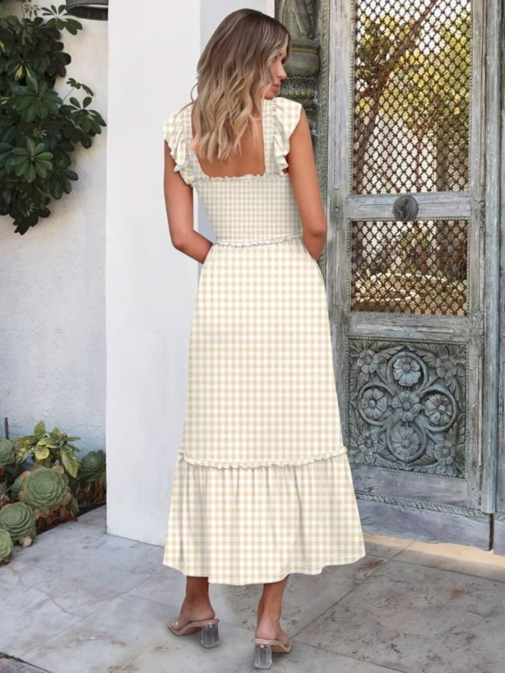 ANRABESS Womens Sleeveless Maxi Dress Square Neck Smocked Boho Casual Ruffle - Picture 3 of 5